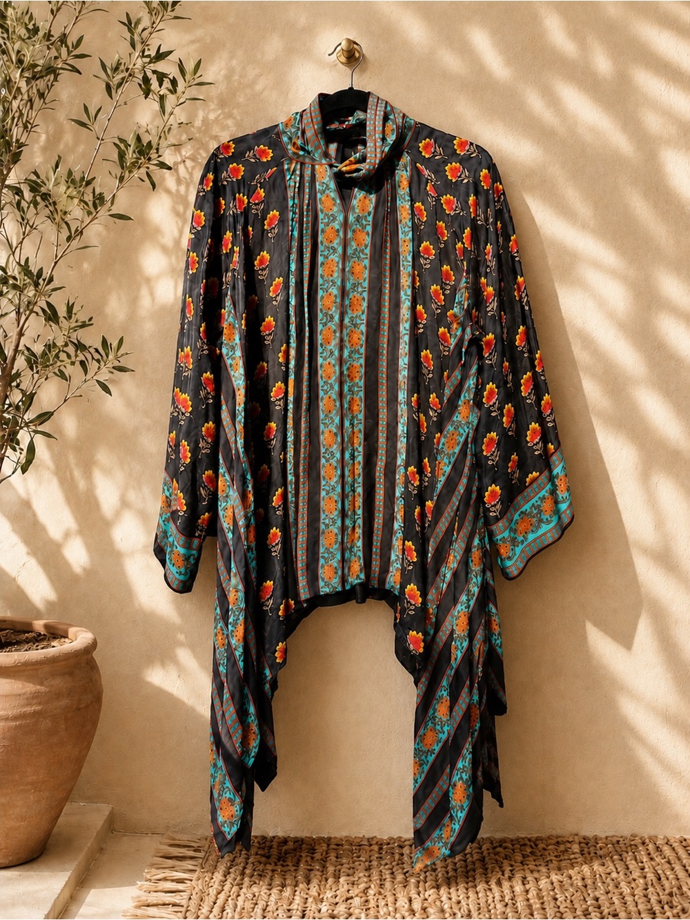 Ritu Kumar XL Scarf Neck Tunic Top Silk Feel Handkerchief Hem Boho NWOT - Picture 2 of 7